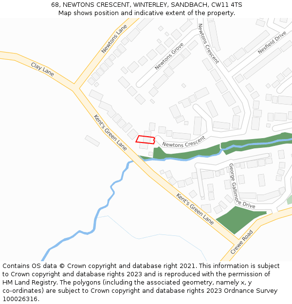 68, NEWTONS CRESCENT, WINTERLEY, SANDBACH, CW11 4TS: Location map and indicative extent of plot