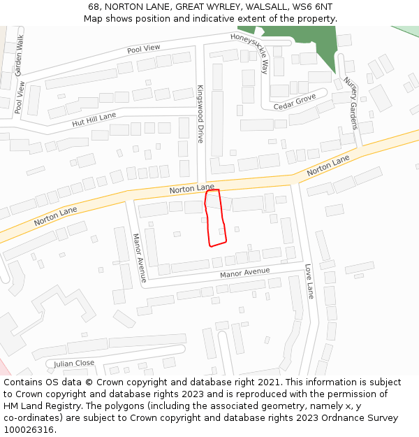 68, NORTON LANE, GREAT WYRLEY, WALSALL, WS6 6NT: Location map and indicative extent of plot