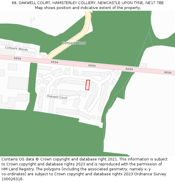 68, OAKWELL COURT, HAMSTERLEY COLLIERY, NEWCASTLE UPON TYNE, NE17 7BE: Location map and indicative extent of plot