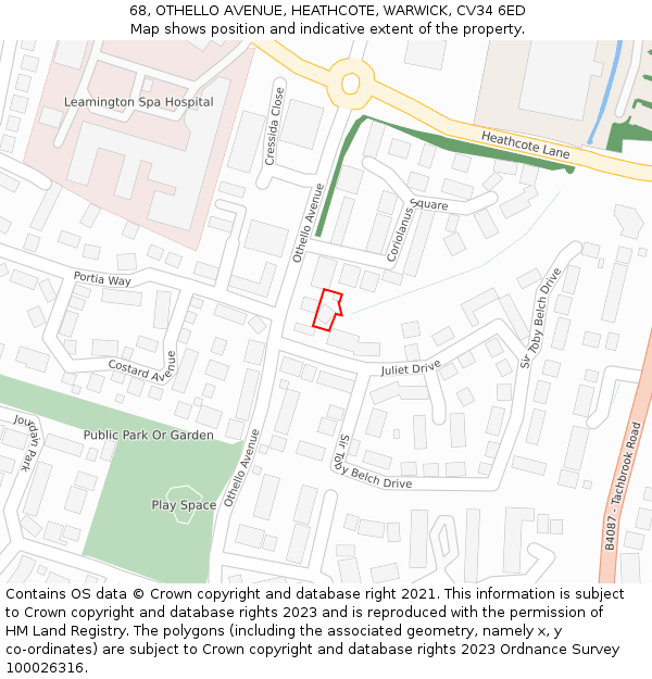 68, OTHELLO AVENUE, HEATHCOTE, WARWICK, CV34 6ED: Location map and indicative extent of plot