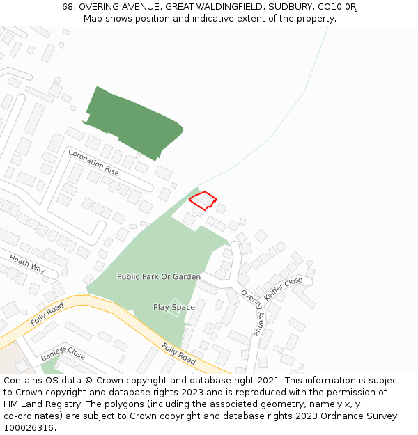 68, OVERING AVENUE, GREAT WALDINGFIELD, SUDBURY, CO10 0RJ: Location map and indicative extent of plot