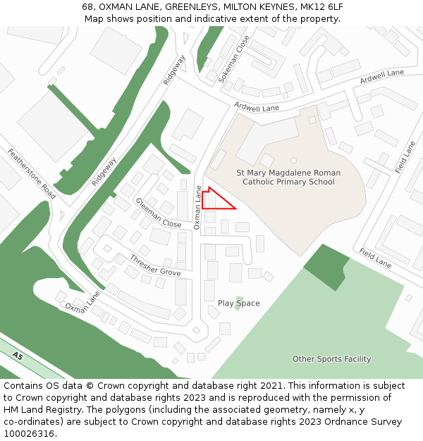 68, OXMAN LANE, GREENLEYS, MILTON KEYNES, MK12 6LF: Location map and indicative extent of plot