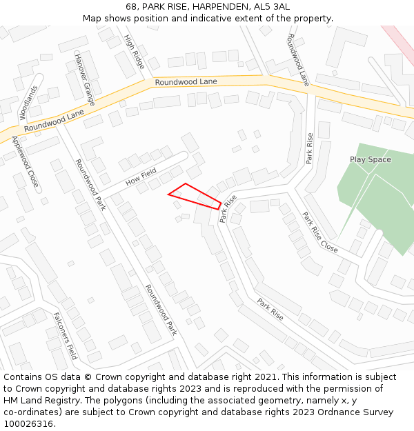 68, PARK RISE, HARPENDEN, AL5 3AL: Location map and indicative extent of plot