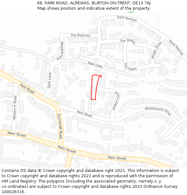 68, PARK ROAD, ALREWAS, BURTON-ON-TRENT, DE13 7AJ: Location map and indicative extent of plot