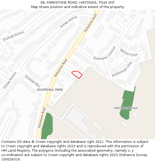 68, PARKSTONE ROAD, HASTINGS, TN34 2NT: Location map and indicative extent of plot