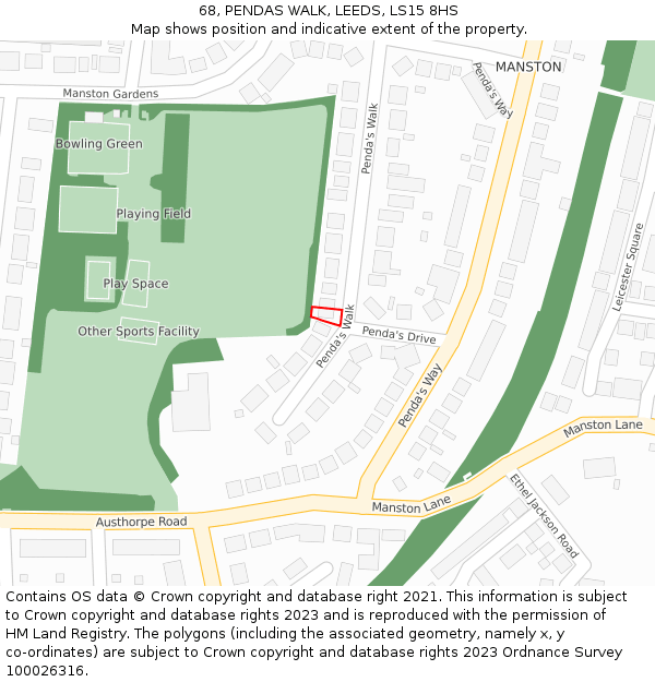 68, PENDAS WALK, LEEDS, LS15 8HS: Location map and indicative extent of plot