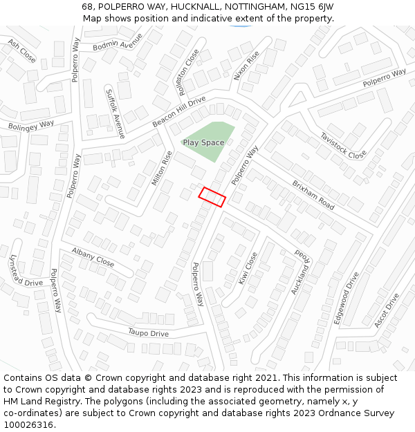 68, POLPERRO WAY, HUCKNALL, NOTTINGHAM, NG15 6JW: Location map and indicative extent of plot