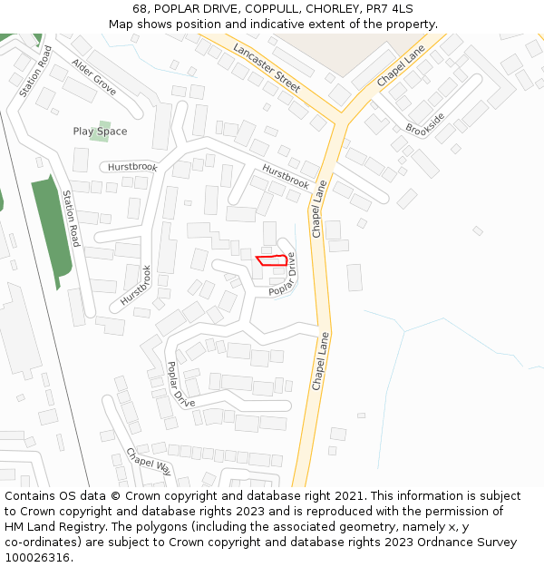 68, POPLAR DRIVE, COPPULL, CHORLEY, PR7 4LS: Location map and indicative extent of plot