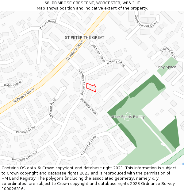 68, PRIMROSE CRESCENT, WORCESTER, WR5 3HT: Location map and indicative extent of plot