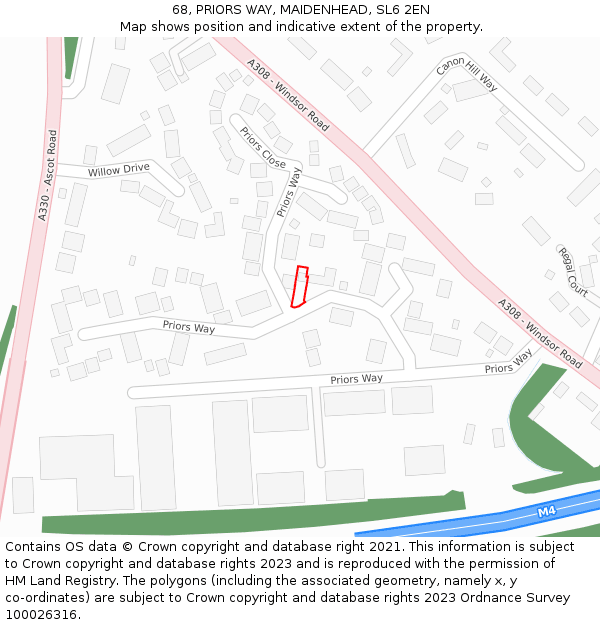 68, PRIORS WAY, MAIDENHEAD, SL6 2EN: Location map and indicative extent of plot