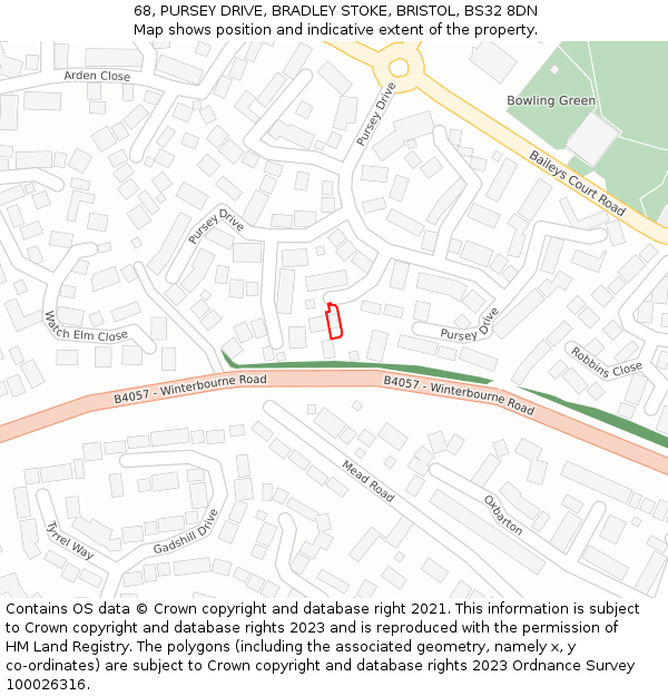 68, PURSEY DRIVE, BRADLEY STOKE, BRISTOL, BS32 8DN: Location map and indicative extent of plot