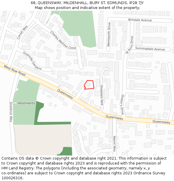 68, QUEENSWAY, MILDENHALL, BURY ST. EDMUNDS, IP28 7JY: Location map and indicative extent of plot