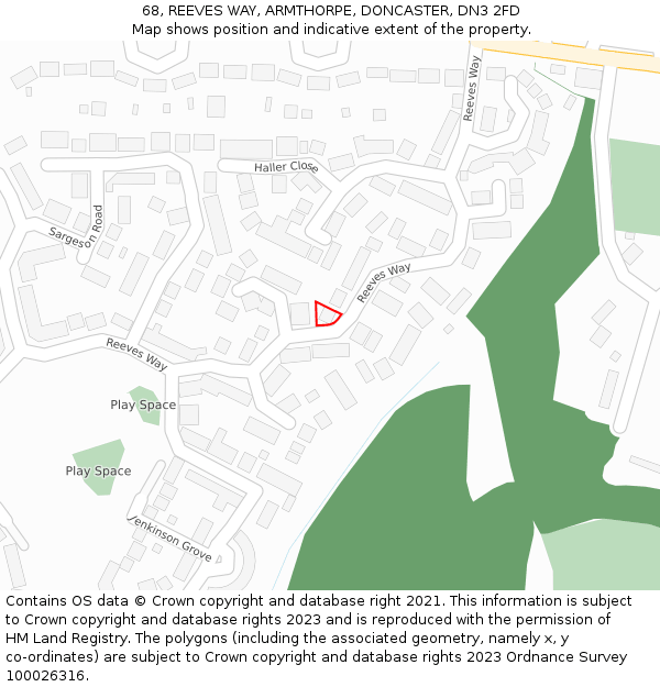 68, REEVES WAY, ARMTHORPE, DONCASTER, DN3 2FD: Location map and indicative extent of plot