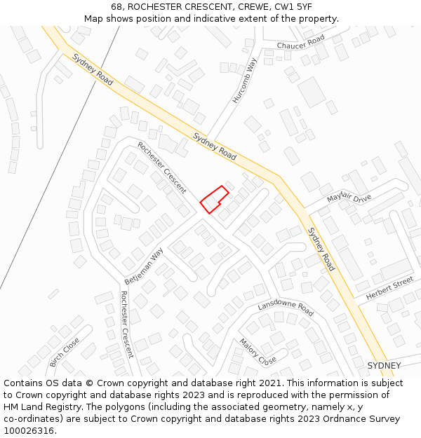 68, ROCHESTER CRESCENT, CREWE, CW1 5YF: Location map and indicative extent of plot