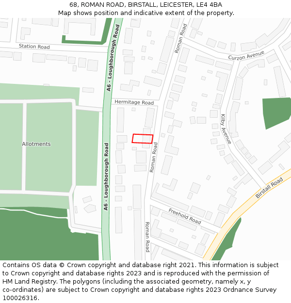 68, ROMAN ROAD, BIRSTALL, LEICESTER, LE4 4BA: Location map and indicative extent of plot