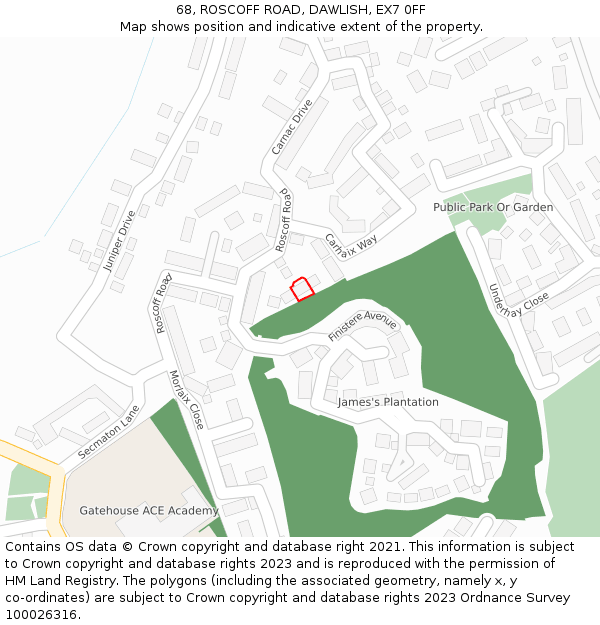 68, ROSCOFF ROAD, DAWLISH, EX7 0FF: Location map and indicative extent of plot