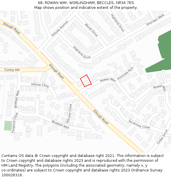 68, ROWAN WAY, WORLINGHAM, BECCLES, NR34 7ES: Location map and indicative extent of plot