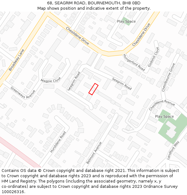 68, SEAGRIM ROAD, BOURNEMOUTH, BH8 0BD: Location map and indicative extent of plot