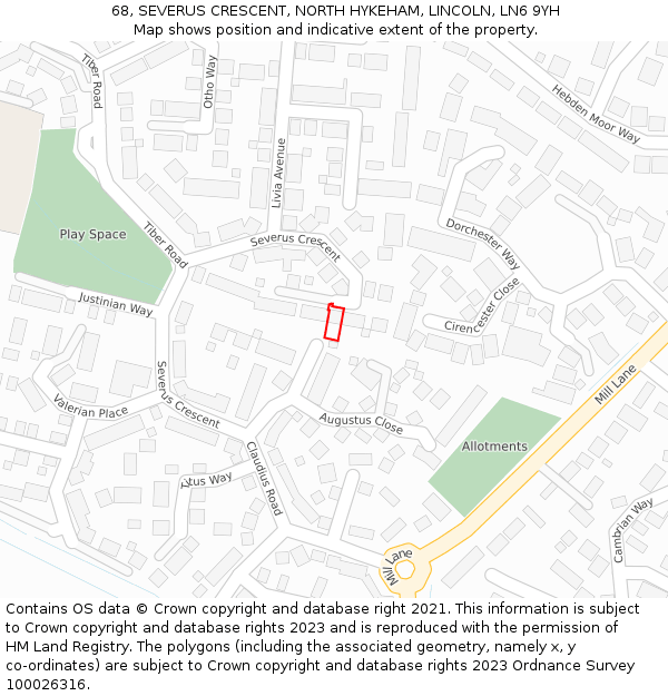 68, SEVERUS CRESCENT, NORTH HYKEHAM, LINCOLN, LN6 9YH: Location map and indicative extent of plot