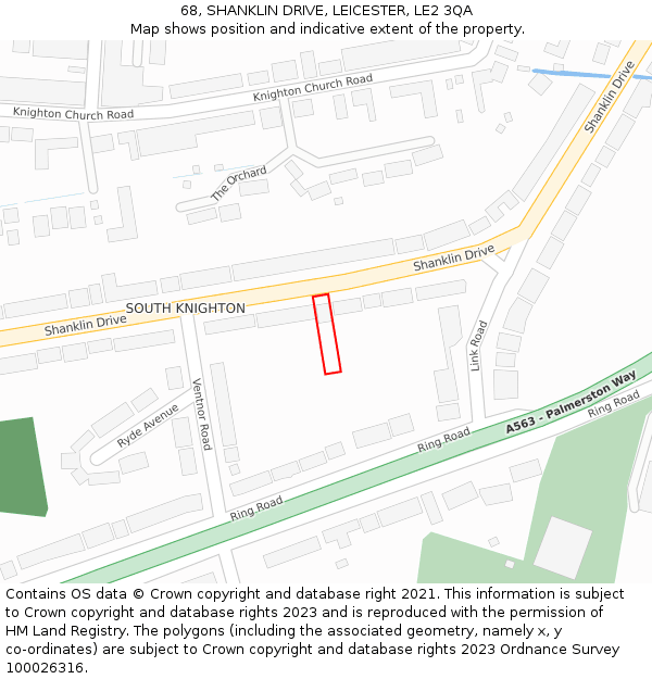 68, SHANKLIN DRIVE, LEICESTER, LE2 3QA: Location map and indicative extent of plot