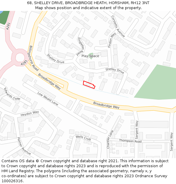 68, SHELLEY DRIVE, BROADBRIDGE HEATH, HORSHAM, RH12 3NT: Location map and indicative extent of plot