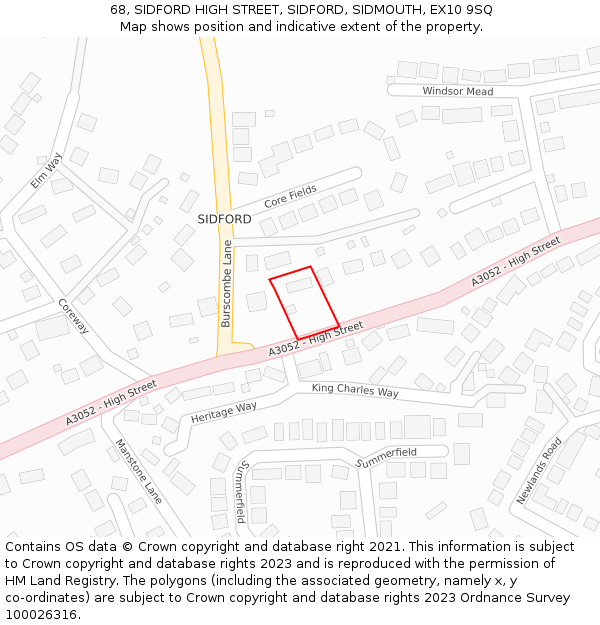 68, SIDFORD HIGH STREET, SIDFORD, SIDMOUTH, EX10 9SQ: Location map and indicative extent of plot