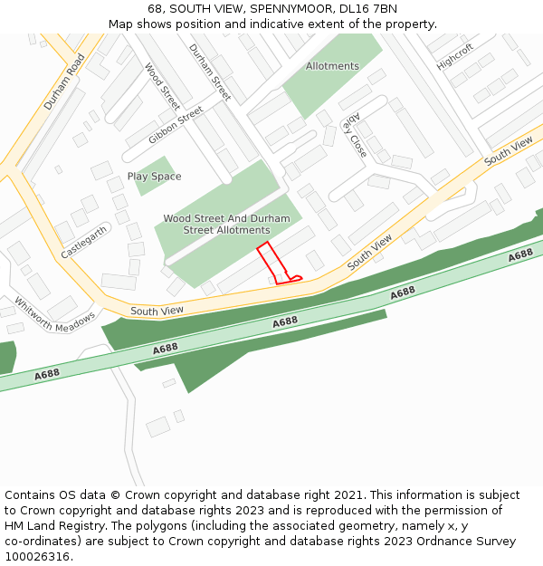 68, SOUTH VIEW, SPENNYMOOR, DL16 7BN: Location map and indicative extent of plot