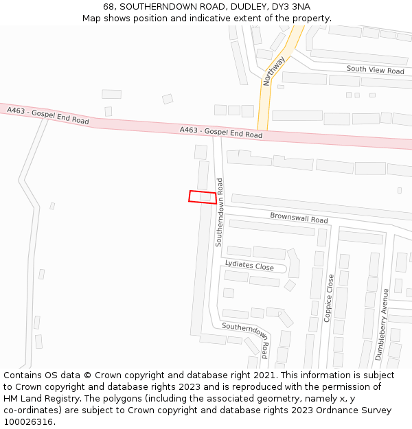 68, SOUTHERNDOWN ROAD, DUDLEY, DY3 3NA: Location map and indicative extent of plot