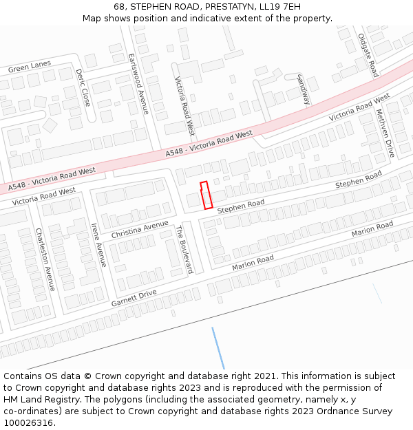 68, STEPHEN ROAD, PRESTATYN, LL19 7EH: Location map and indicative extent of plot