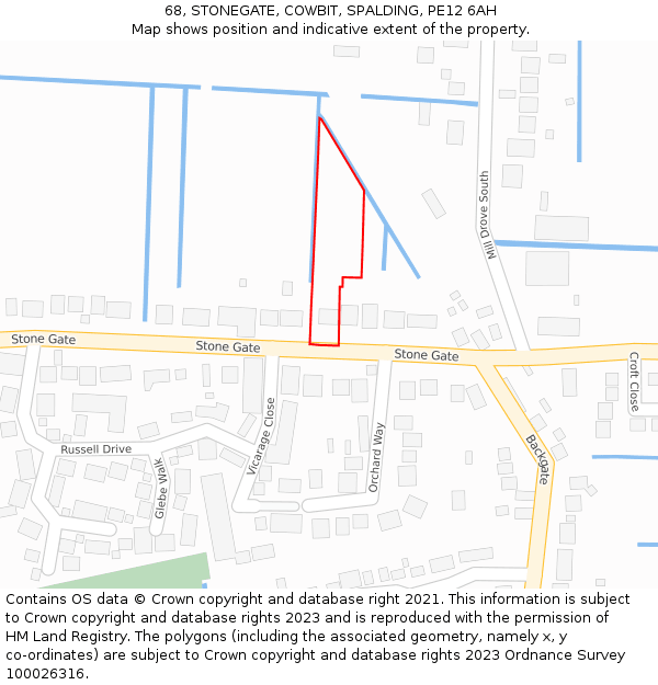 68, STONEGATE, COWBIT, SPALDING, PE12 6AH: Location map and indicative extent of plot