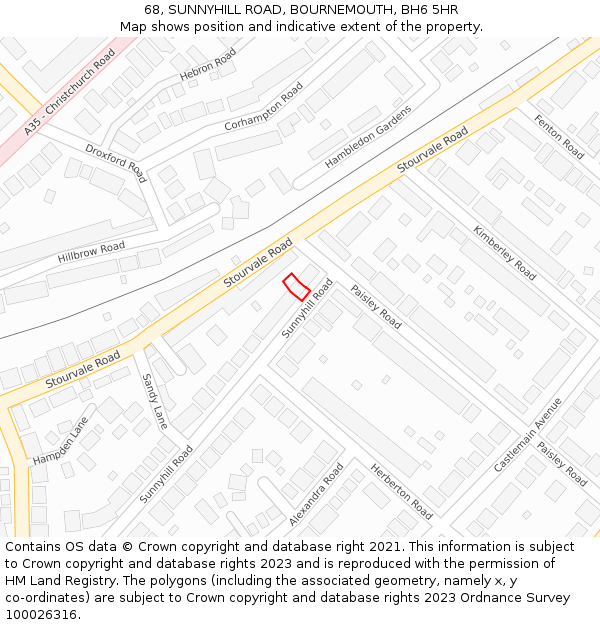 68, SUNNYHILL ROAD, BOURNEMOUTH, BH6 5HR: Location map and indicative extent of plot