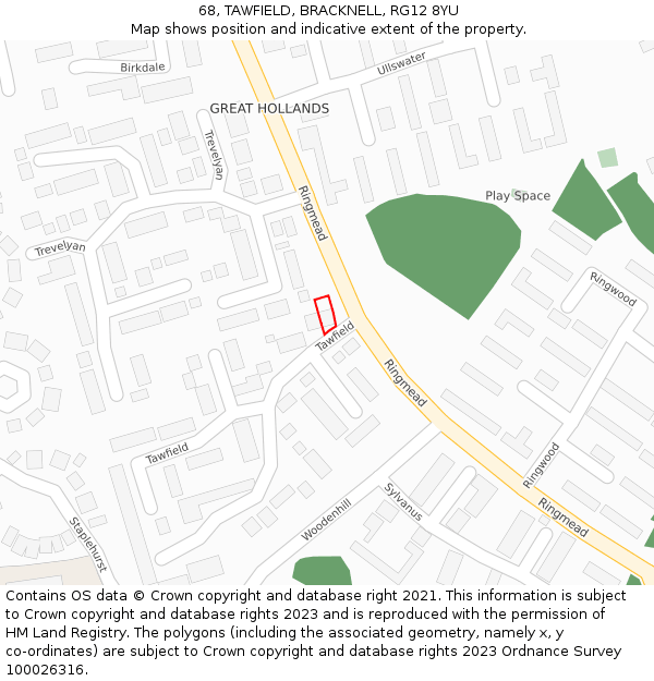 68, TAWFIELD, BRACKNELL, RG12 8YU: Location map and indicative extent of plot