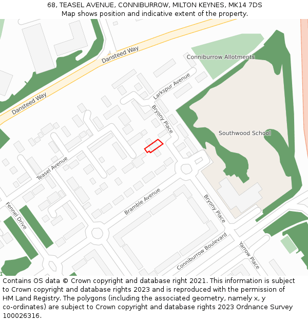 68, TEASEL AVENUE, CONNIBURROW, MILTON KEYNES, MK14 7DS: Location map and indicative extent of plot