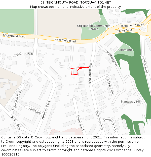 68, TEIGNMOUTH ROAD, TORQUAY, TQ1 4ET: Location map and indicative extent of plot