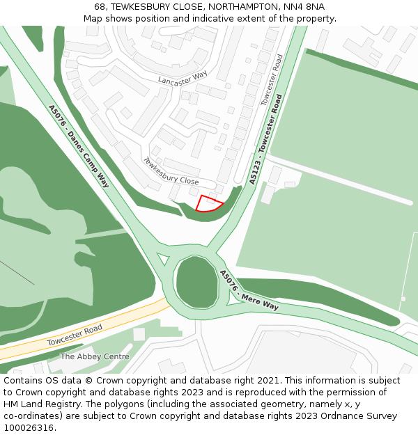 68, TEWKESBURY CLOSE, NORTHAMPTON, NN4 8NA: Location map and indicative extent of plot