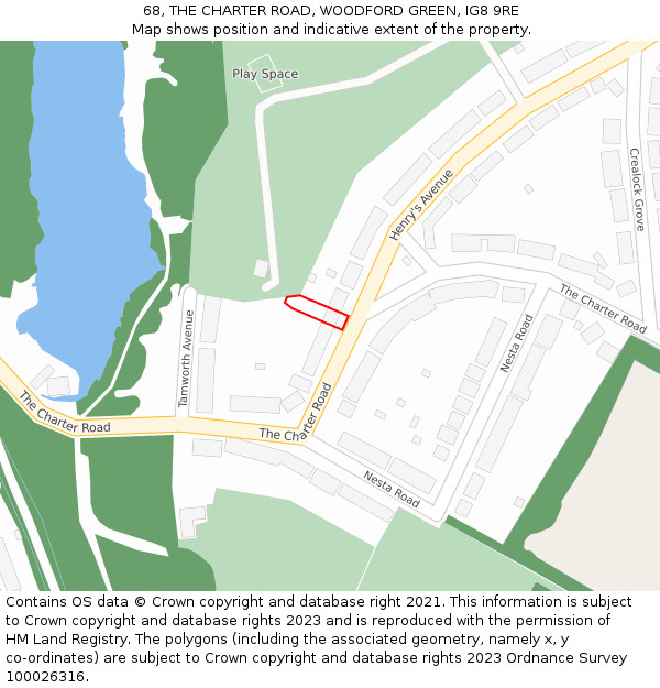 68, THE CHARTER ROAD, WOODFORD GREEN, IG8 9RE: Location map and indicative extent of plot