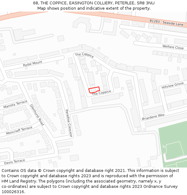 68, THE COPPICE, EASINGTON COLLIERY, PETERLEE, SR8 3NU: Location map and indicative extent of plot