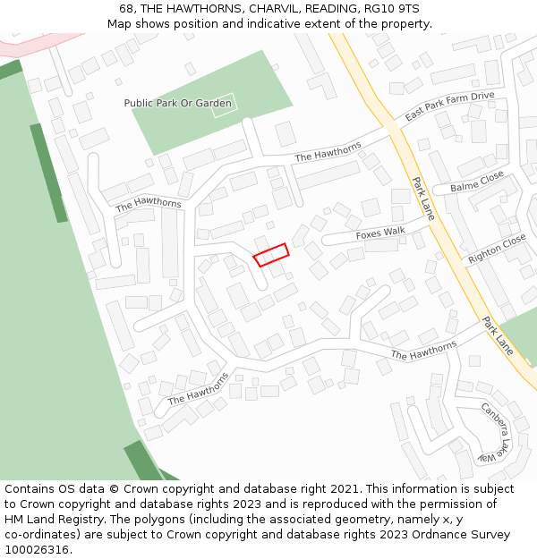 68, THE HAWTHORNS, CHARVIL, READING, RG10 9TS: Location map and indicative extent of plot