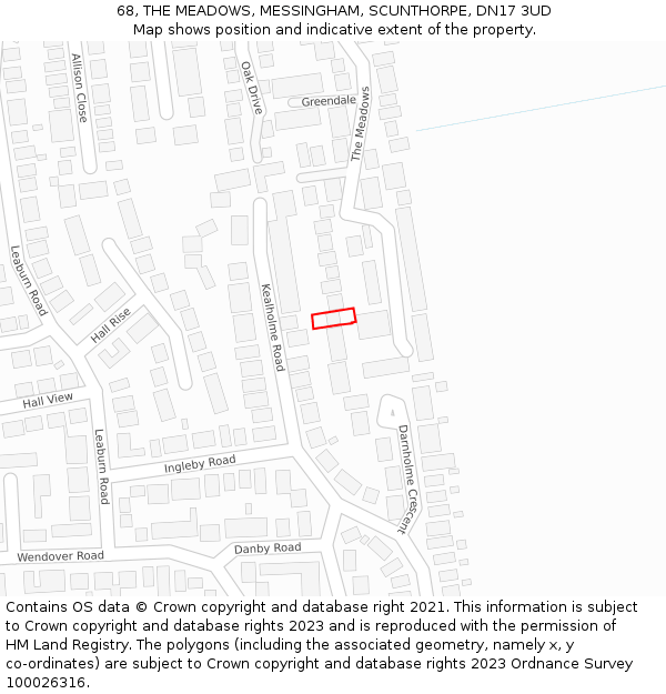 68, THE MEADOWS, MESSINGHAM, SCUNTHORPE, DN17 3UD: Location map and indicative extent of plot