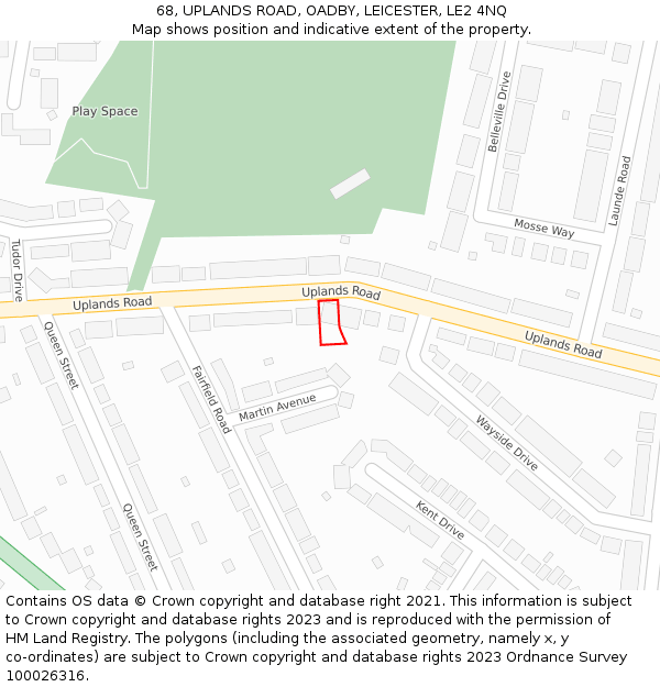 68, UPLANDS ROAD, OADBY, LEICESTER, LE2 4NQ: Location map and indicative extent of plot
