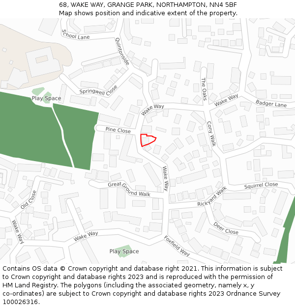 68, WAKE WAY, GRANGE PARK, NORTHAMPTON, NN4 5BF: Location map and indicative extent of plot