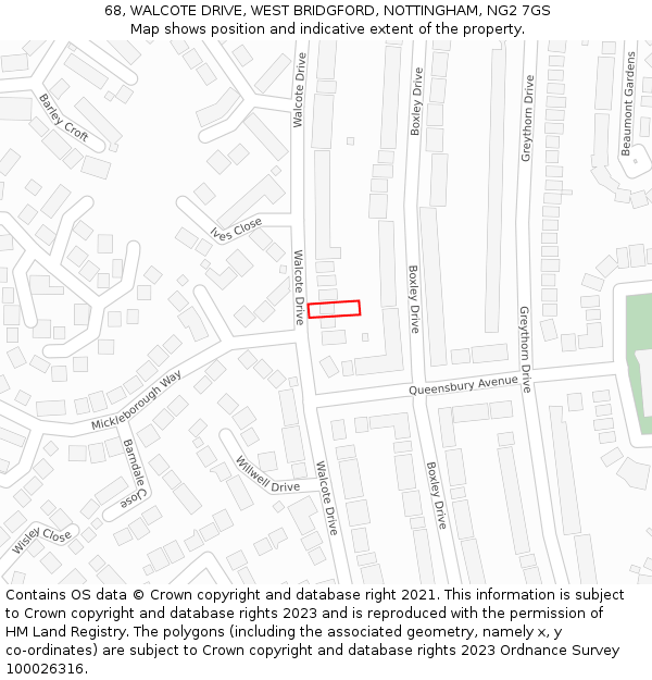 68, WALCOTE DRIVE, WEST BRIDGFORD, NOTTINGHAM, NG2 7GS: Location map and indicative extent of plot