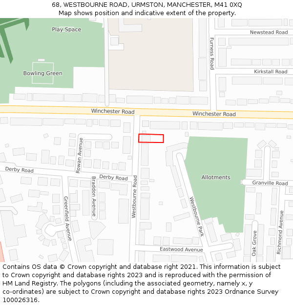 68, WESTBOURNE ROAD, URMSTON, MANCHESTER, M41 0XQ: Location map and indicative extent of plot