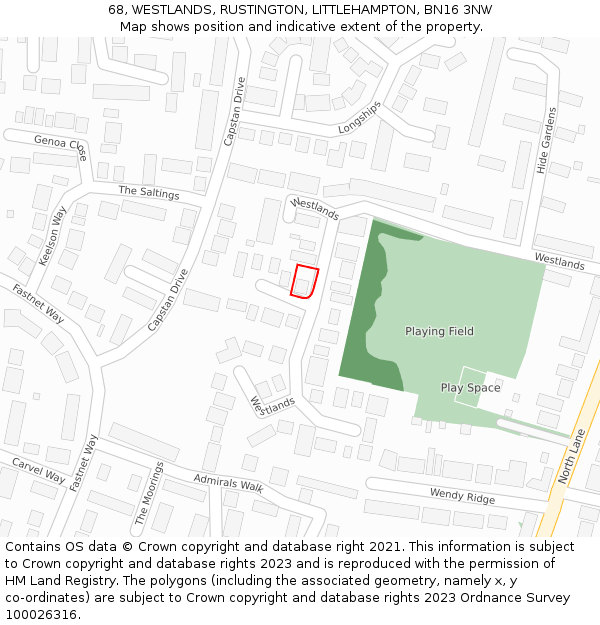 68, WESTLANDS, RUSTINGTON, LITTLEHAMPTON, BN16 3NW: Location map and indicative extent of plot