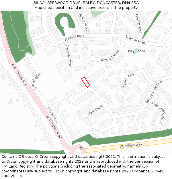 68, WHISPERWOOD DRIVE, BALBY, DONCASTER, DN4 8SA: Location map and indicative extent of plot