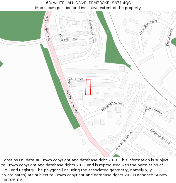 68, WHITEHALL DRIVE, PEMBROKE, SA71 4QS: Location map and indicative extent of plot