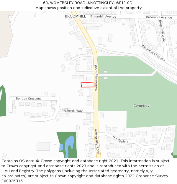 68, WOMERSLEY ROAD, KNOTTINGLEY, WF11 0DL: Location map and indicative extent of plot