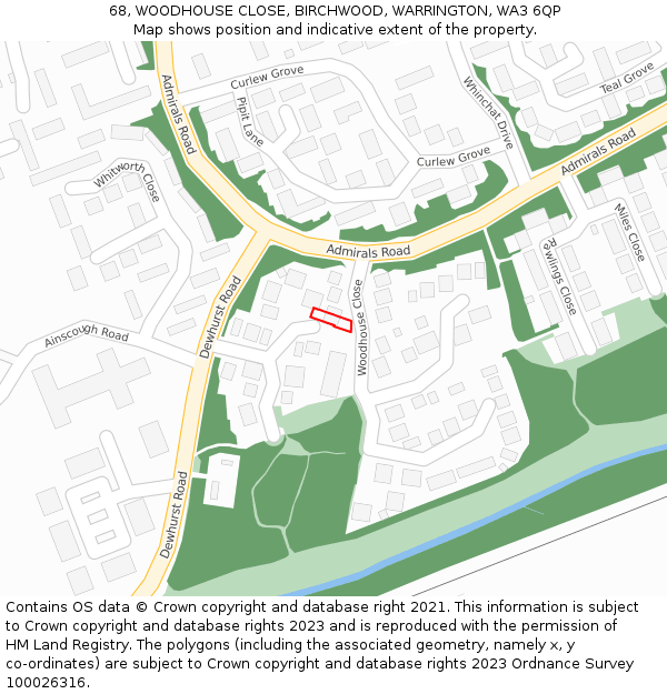 68, WOODHOUSE CLOSE, BIRCHWOOD, WARRINGTON, WA3 6QP: Location map and indicative extent of plot