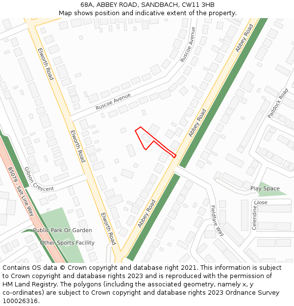 68A, ABBEY ROAD, SANDBACH, CW11 3HB: Location map and indicative extent of plot