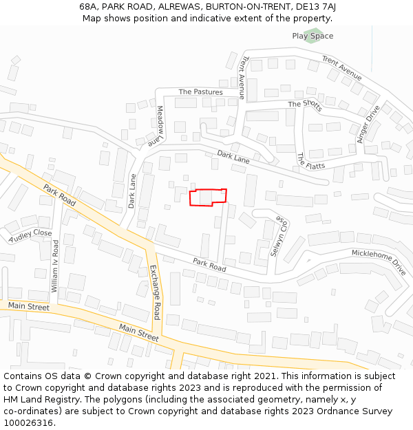 68A, PARK ROAD, ALREWAS, BURTON-ON-TRENT, DE13 7AJ: Location map and indicative extent of plot